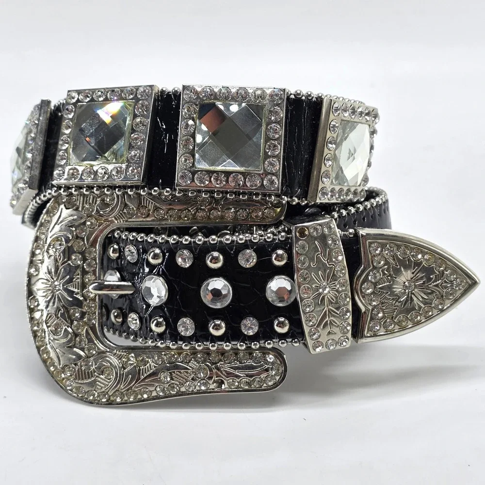 Black Leather Belt Rhinestone Crystal Western Bling Studded Large Y2K Rodeo Glam